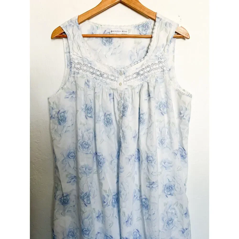 Eileen West Long Nightgown XL White Blue Floral Sleeveless Lace Cottage - Picture 5 of 7